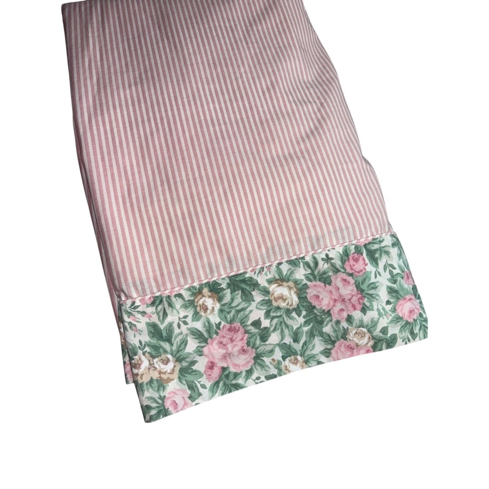 Vintage Pink White Ticking Stripe Floral Rose Border Queen Sheet Cottagecore